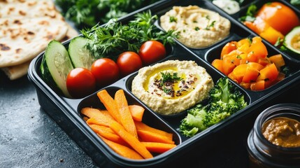 Vegan lunch box with raw vegetables, hummus, and pita bread, promoting plant-based diets, healthy food, lunch box