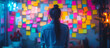© Sweetrose official  - Back view of a thoughtful woman looking at sticky notes on wall in the office, a woman on the background of a wall of stickers, Creative brainstorming session with colorful sticky notes on glass.