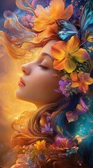 Wall Mural - Surreal portrait of a woman with flowers growing from her hair, vibrant colors and serene expression