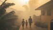 © kanesuan - A suburban street with children playing in the yard while wearing masks due to poor air quality. The scene is enveloped in a greyish haze, highlighting the impact of PM2.5 pollution on family life.