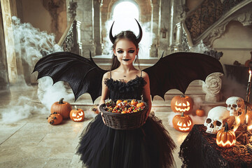 Halloween Gothic Costume. A young girl dressed as a bat in a gothic setting