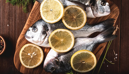 Frozen fresh fish in wooden cutting board