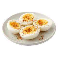 Wall Mural - Sliced boiled eggs with paprika on white plate: a simple and tasty snack or breakfast option