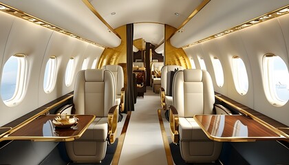 Lavish interior of a jet plane adorned with gold trimmings in a watercolor depiction showcasing the essence of luxury travel and exquisite craftsmanship