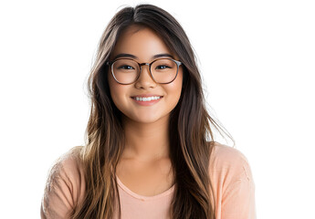 Portrait of a smiling, beautiful young Laos-american woman wearing glasses and looking at the camera