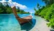 © 克 杜 - Tranquil tropical beach with a traditional wooden boat, clear blue water, and lush greenery in the background