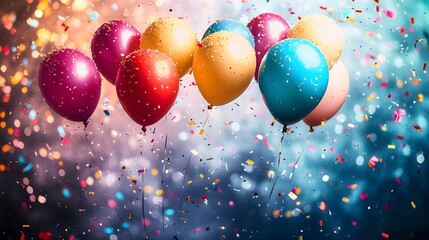 Fototapete - Colorful balloons with confetti and ribbons on bokeh background - Generated AI