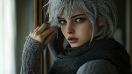 Close-up of a grey-haired woman adjusting her scarf in front of a mirror, preparing for a night out. -