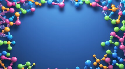 Aufkleber - Colorful 3D molecular models arranged in a frame on a blue background with copy space.