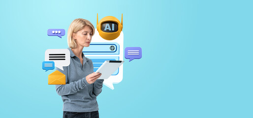Poster - Serious woman using tablet and chat bot, machine learning and communication