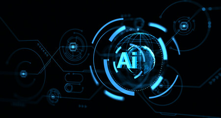 Fototapete - AI hologram with futuristic tech elements on a dark background. 3D Rendering