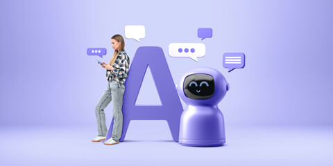 Poster - Woman with smartphone, standing near robot with speech bubbles