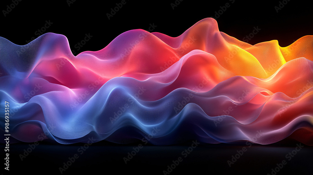 Dark and colorful wavy abstraction shape on black background, 3D ...
