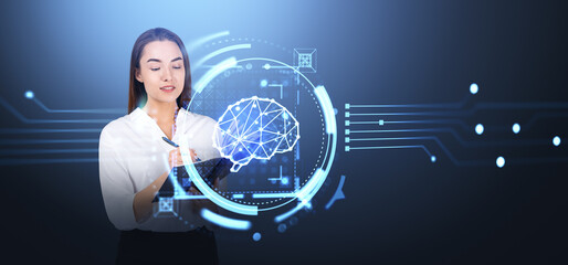 Aufkleber - Young woman and glowing brain hologram, network circuit and connection