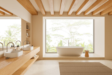 Beige hotel bathroom interior with double sink and bathtub, shelf and window