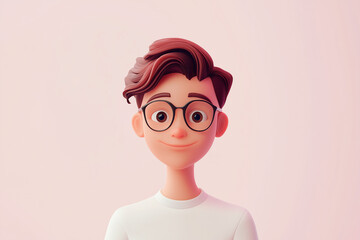 3D character portrait with glasses and friendly expression on light pastel background.