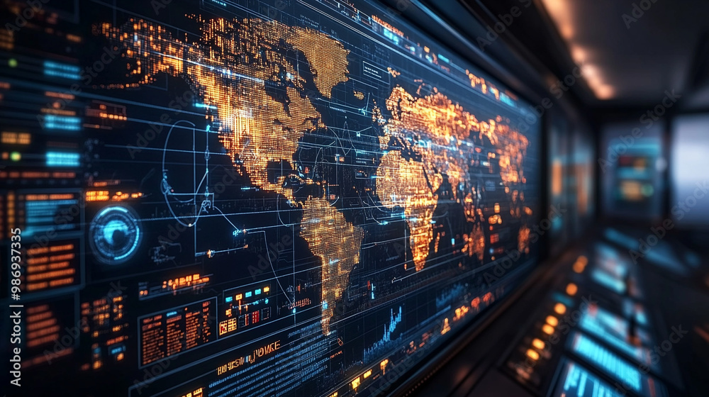 Futuristic world map displayed on a digital screen, showcasing vibrant ...
