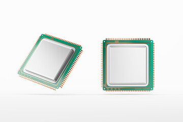 Poster - Two microchips with green circuit boards on a white background. 3D Rendering