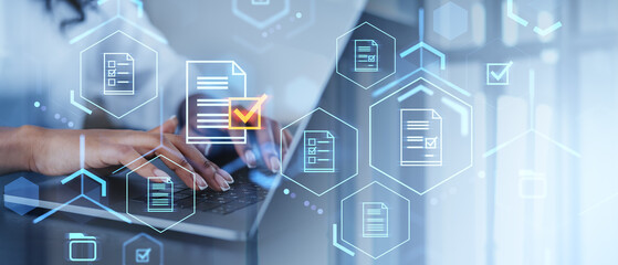 Fototapete - Digital Documents and Cybersecurity Concept with Hands Typing on Laptop.