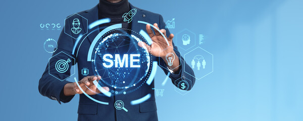 Poster - Businessman interacting with holographic SME interface, with var
