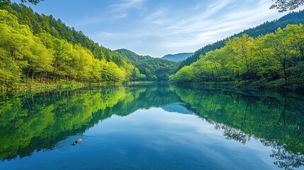 Wall Mural - A picturesque spring scenery in China, featuring lush green trees lining both sides of a river. The mirror-like lake reflects the vibrant environment, captured in high-definition photography 