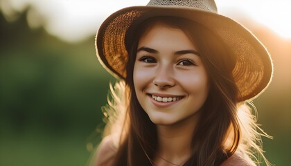 Casual portrait of a smiling young woman in a cap, bathed in soft sunlight with a warm and inviting atmosphere