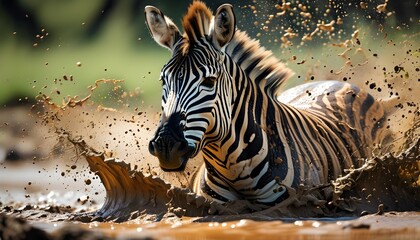 Dynamic close-up of a zebra splashing through mud, capturing the essence of wildlife in its natural habitat