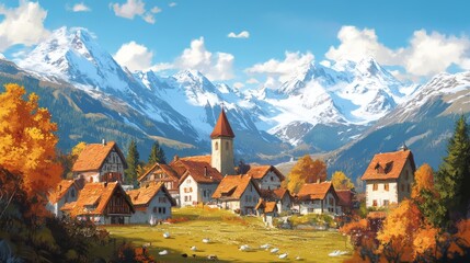 Canvas Print - A charming Swiss village nestled in the foothills of snow-capped mountains, with vibrant autumn foliage adding a touch of warmth to the scene.  The village exudes tranquility and picturesque beauty, i