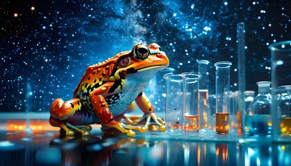 High-tech laboratory exploration of frog rain anomaly beneath a starry night sky