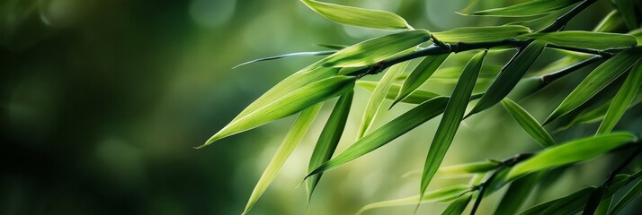 Wall Mural - A delicate and calming image of bamboo leaves, captured in soft focus, conveying a sense of tranquility, growth, and natural beauty. The lush green foliage evokes feelings of peace and serenity, symbo