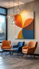 Wall Mural - Employees gathered in a colorful meeting room, engaged in a lively discussion