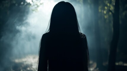 Sticker - A shadowy figure of a female ghost with long black hair, standing in a dense, foggy forest. The image evokes feelings of fear, mystery, and the unknown. The silhouette suggests a haunting presence and