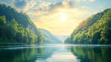 Poster - A tranquil river meanders through a lush green valley, framed by rolling hills, with the sun setting behind the distant mountains. The scene evokes peace, serenity, and the beauty of nature.