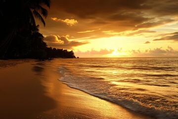 Poster - A stunning golden sunset casts a warm glow over a tranquil tropical beach, with soft waves gently lapping at the shore. Silhouetted palm trees line the beach, creating a serene and picturesque scene. 