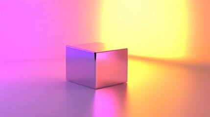 Poster - This artwork features a reflective metallic cube situated in a minimalistic setting, surrounded by dynamic purple and yellow lighting that creates an intriguing visual effect