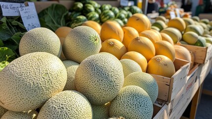 Poster - A vibrant display of ripe melons at a bustling farmers market, showcasing the bounty of the season. The melons are arranged in rows, their smooth skins glistening under the warm sunlight. The scene ev