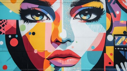 A vibrant street art mural depicting a woman's face, created in a bold and geometric style with a mix of colors and patterns. The piece conveys a sense of beauty, individuality, and urban expression.