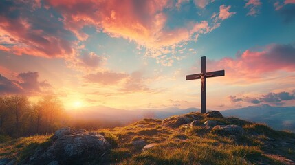 Wall Mural - A wooden cross stands tall on a mountaintop, silhouetted against a breathtaking sunset sky. The image symbolizes faith, hope, and the beauty of nature, inviting contemplation and reflection.