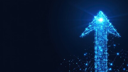 Leinwandbilder - The glowing blue arrow, formed from numerous particles, points upward, representing advancement and growth in technology, set against a deep dark backdrop