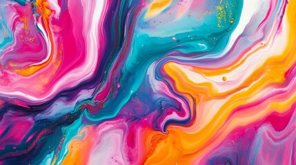 Wall Mural - An abstract painting background with vibrant swirls of liquid paint in shades of pink, blue, orange, and white. The colors blend and intermingle, creating a dynamic and energetic composition. The pain