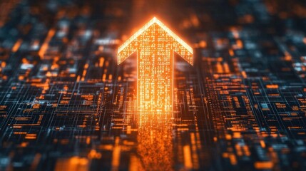 Leinwandbilder - A vibrant digital arrow made of luminous dots shines brightly against a backdrop of cascading binary code, symbolizing advancement in technology and data movement