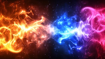 Poster - A mesmerizing display of swirling orange, blue, and pink energy creates a dynamic composition against a starry backdrop, evoking a sense of cosmic wonder and movement