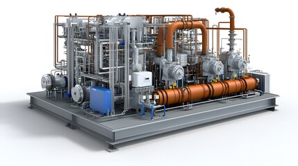 Wall Mural - A large industrial machine with many pipes and valves. The machine is orange and white