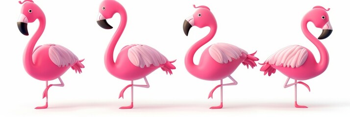 Set of 3D cute happy cartoon flamingo, isolated on white background