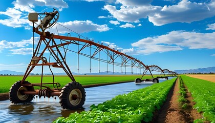 irrigation machinery in a lush crop field under a bright blue sky