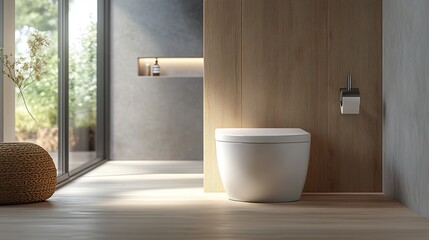 A modern minimalist bathroom featuring a sleek white ceramic toilet as the focal point. The composition emphasizes the toilet's details and features through close-up shots. 