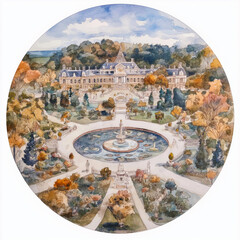 Canvas Print - Versailles palace circle watercolor painting. Versailles palace