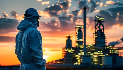 Wall Mural - Contemplative worker in protective gear overlooking an illuminated industrial plant at sunset