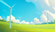 © jm - Hand painted environmental illustration Blue sky white clouds grass wind turbines