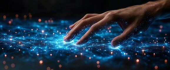 Wall Mural - Hand reaching out to touch a glowing blue digital network.